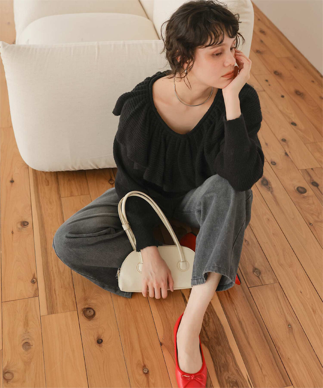 titivate「ウールブレンドギャザーフリル襟ニットトップス」|ニット・セーター|