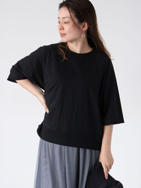 Lugnoncure「7分袖カットオフミニ裏毛トップス」|Tシャツ・カットソー|ブラック