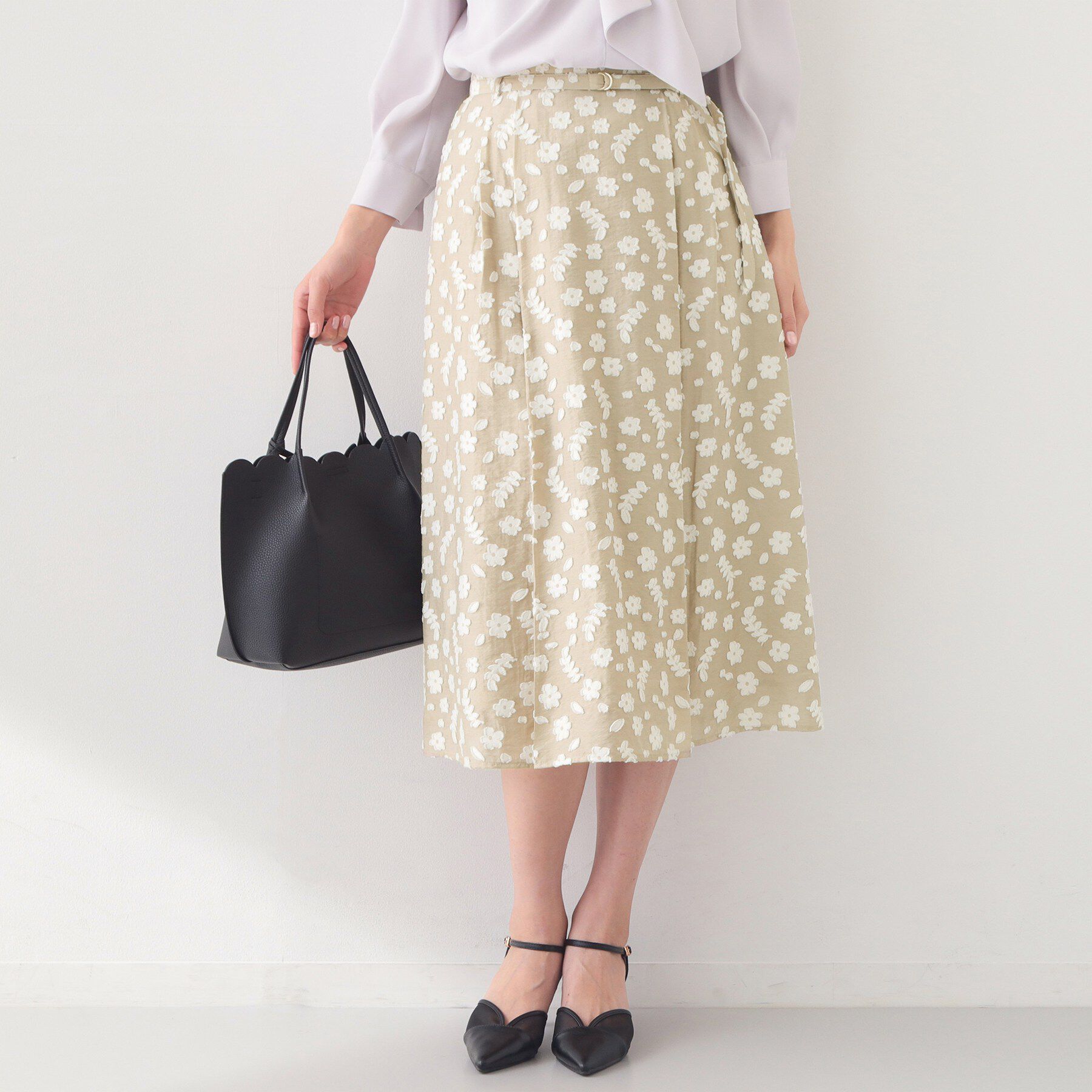 index「麻調花柄ジャカードフレアスカート【洗える】」|スカート|ベージュ(152)