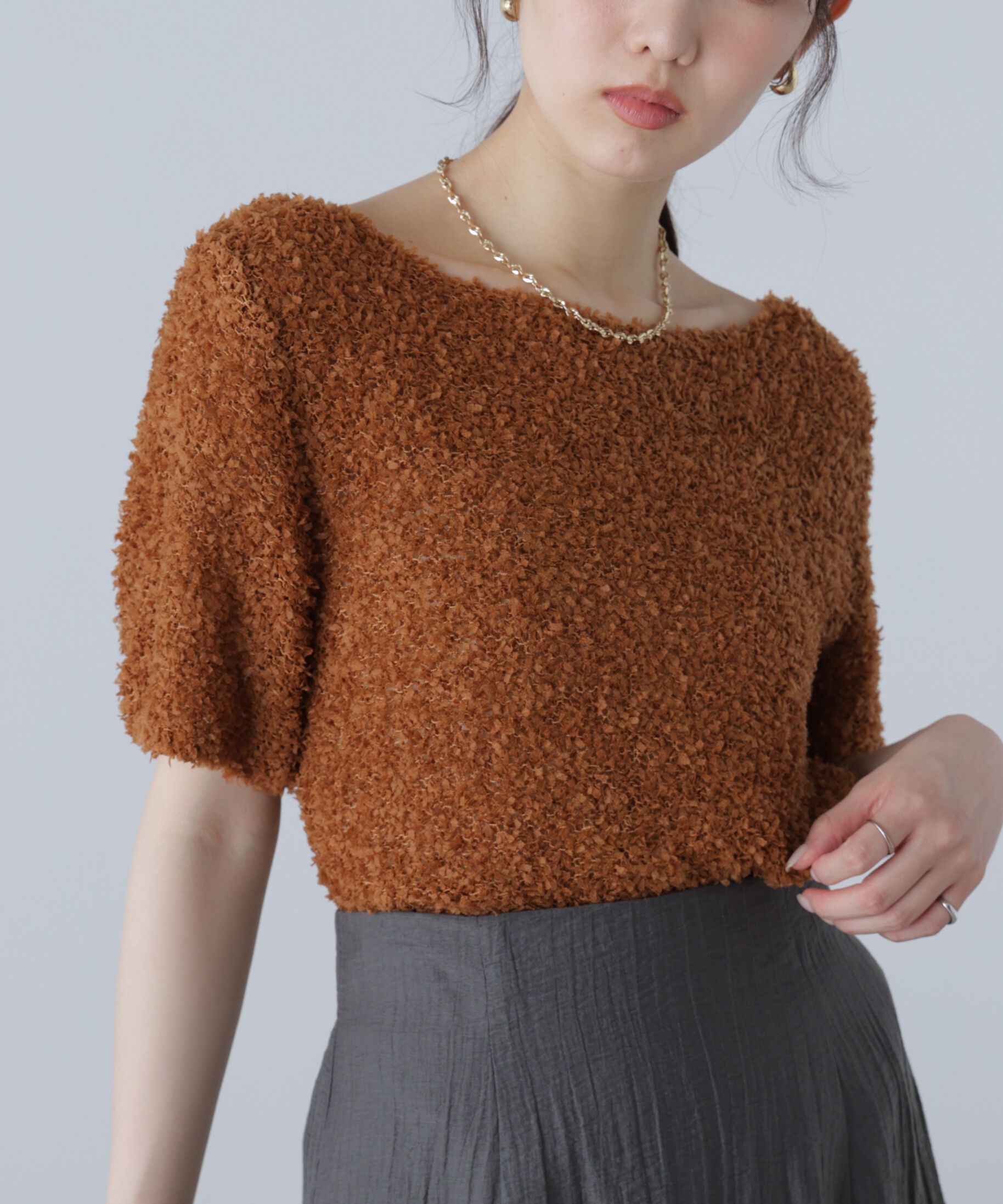  「チョウチョヤーン半袖ニット」|ニット・セーター|キャメル