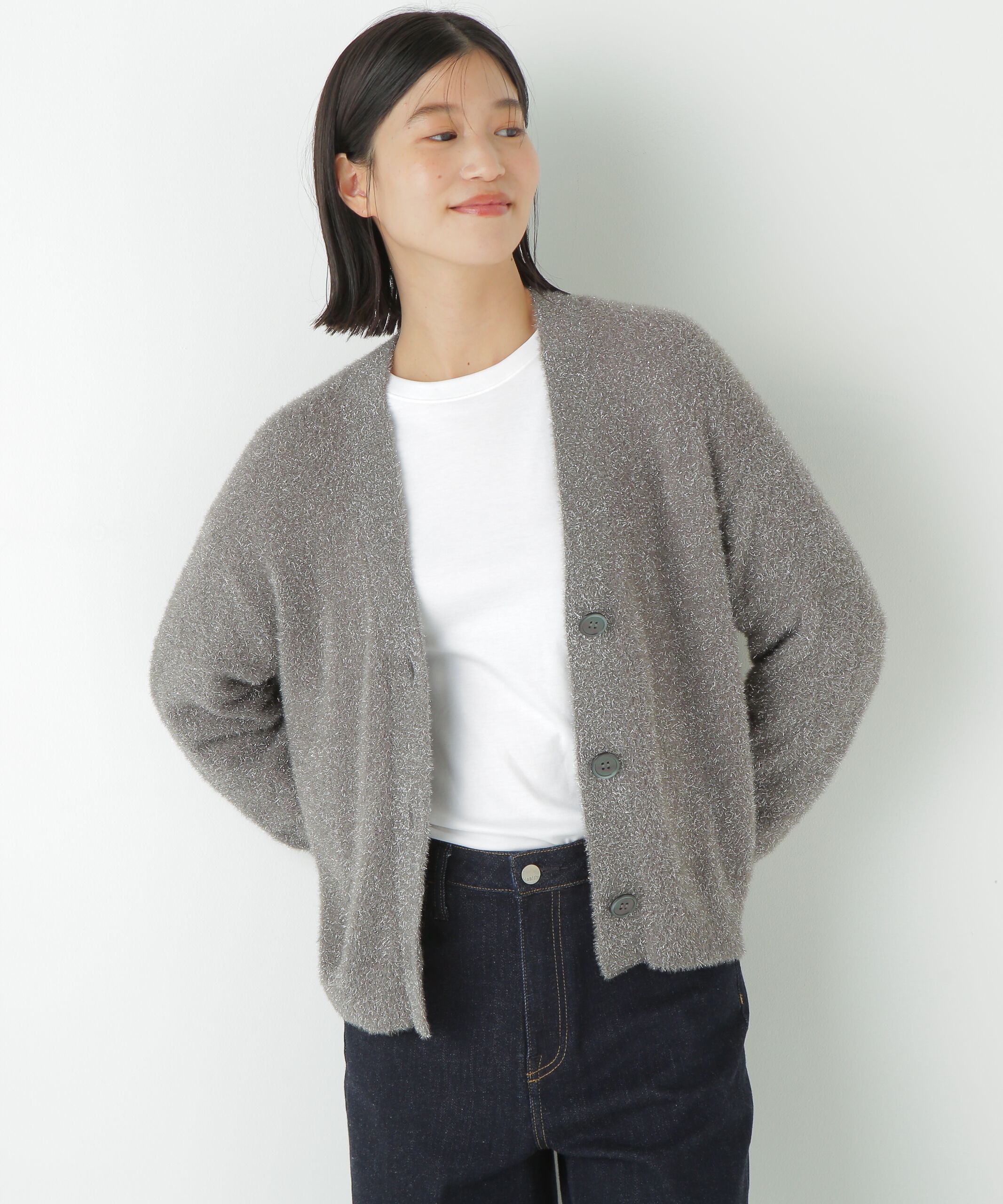  「◆ラメシャギーＶネックカーディガン」|ニット・セーター|グレー