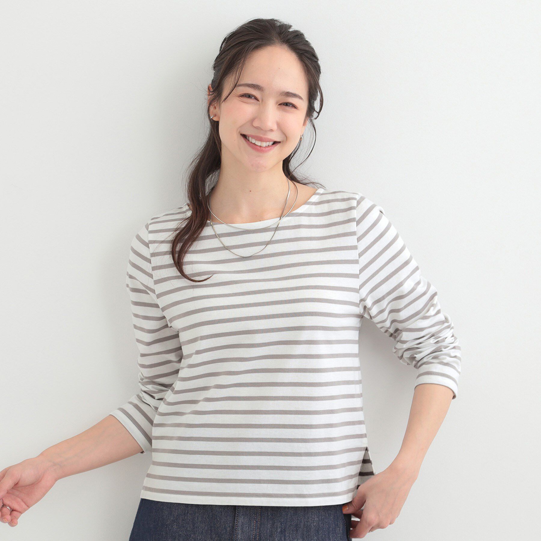 SHOO･LA･RUE「【S-LL/洗濯機可】着こなしいろいろ 首元すっきりボートネック ボーダーロンT」|Tシャツ・カットソー|