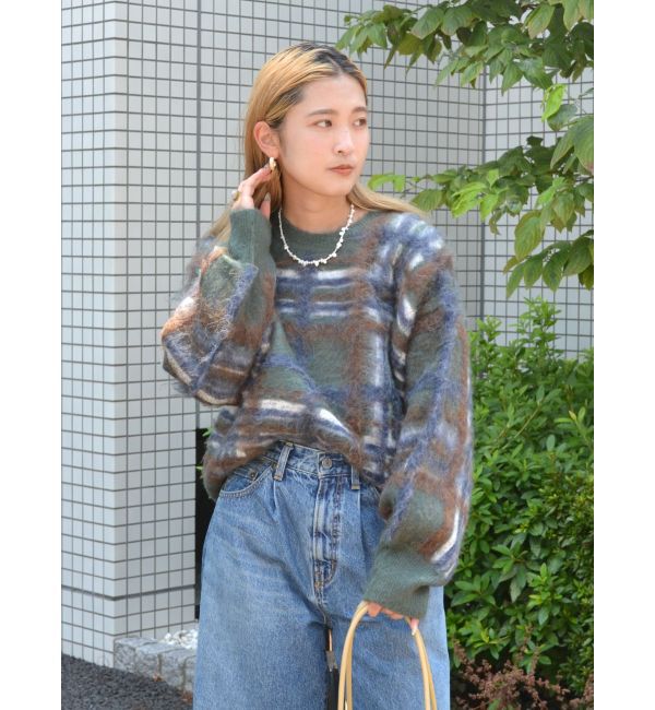 Ungrid「チェックジャカードルーズニット」|ニット・セーター|グリーン