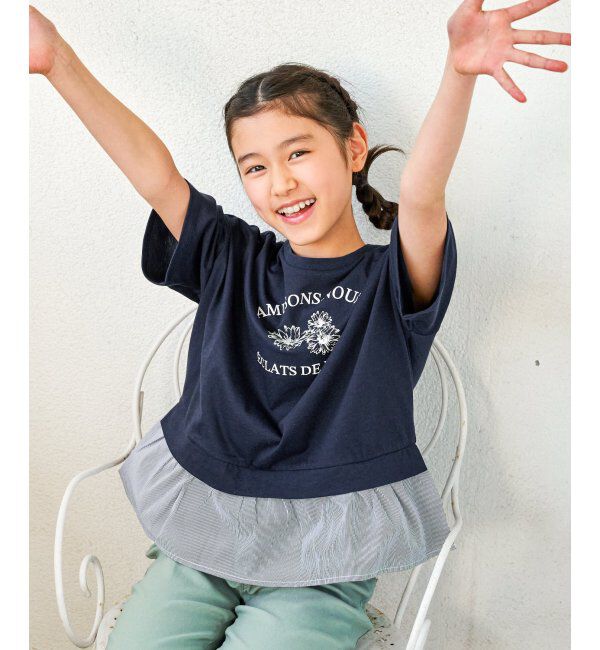 ikka kids「裾布帛フリル7分袖Tトレ（120~160cm）」|Tシャツ・カットソー|