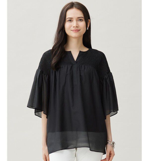 自由区「シルクコットンローンスモッキング刺繍 ブラウス」|シャツ・ブラウス|ブラック