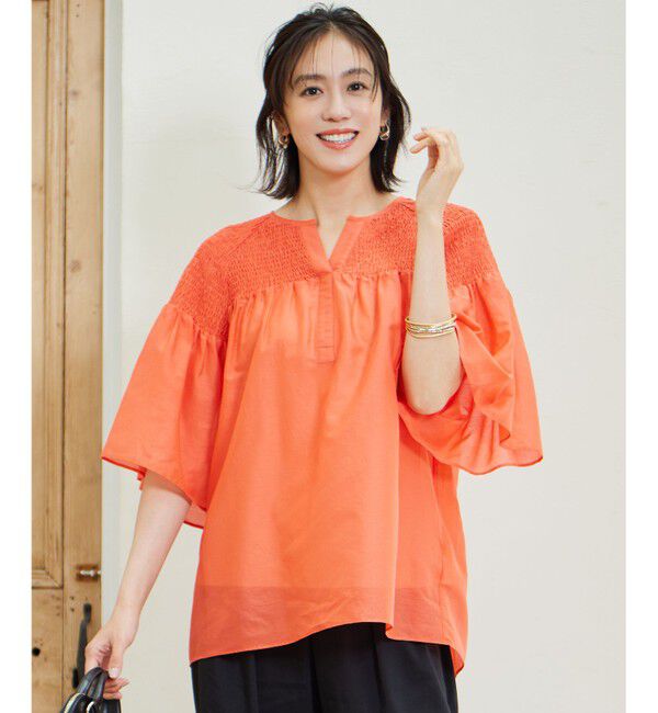 自由区「シルクコットンローンスモッキング刺繍 ブラウス」|シャツ・ブラウス|マンダリン