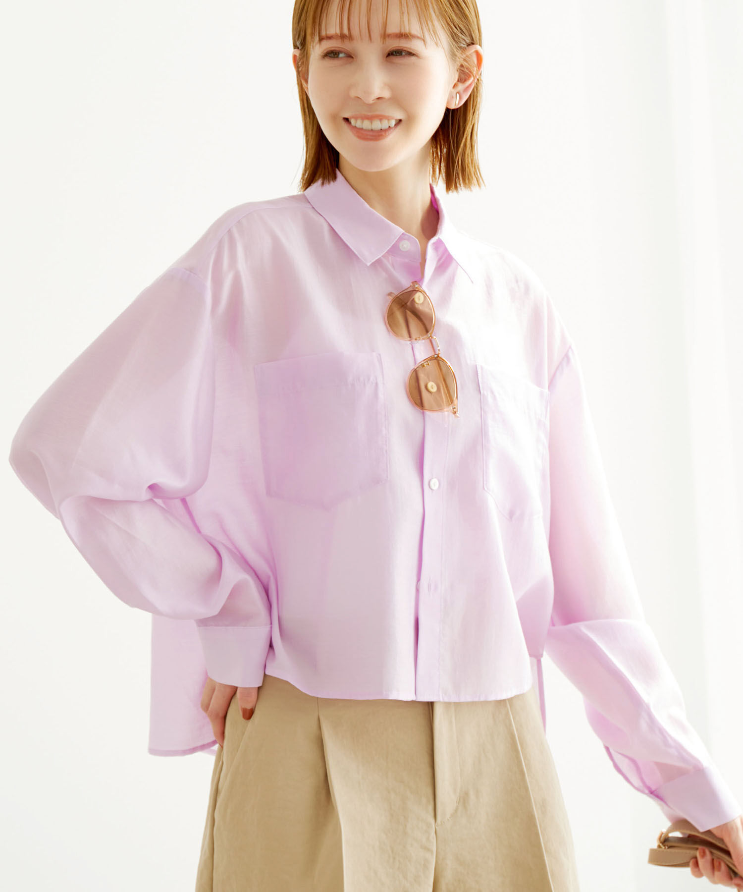 Rope&rsquo;Picnic「【ご好評につき追加生産・新色追加】クロップドシアーシャツ」|シャツ・ブラウス|ピンク(63)