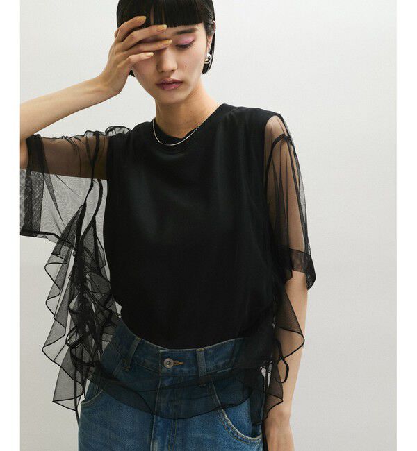 ADAM ET ROPE'「【サステナブル】・【定番人気】ギャザーチュールトップス」|Tシャツ・カットソー|ブラック(01)