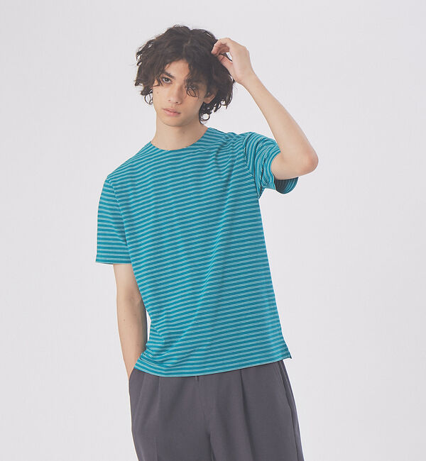 ABAHOUSE「【ノンストレス】COTTON LYCRA 圧着 クルーネック 半袖 ボーダーTシ」|Tシャツ・カットソー|グリーン