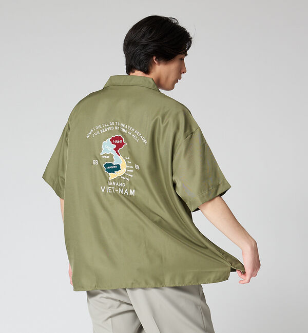 ABAHOUSE「スーベニア バック刺繍 オーバーサイズ オープンカラーシャツ」|シャツ・ブラウス|カーキ