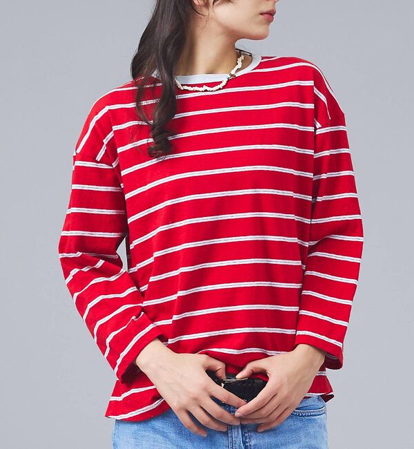 Rouge vif「【Le Melange/ル・メランジュ】マルチボーダーTee/8分袖/クルーネッ」|Tシャツ・カットソー|レッド