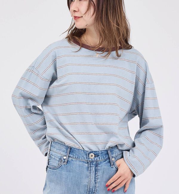 Rouge vif「【Le Melange/ル・メランジュ】マルチボーダーTee/8分袖/クルーネッ」|Tシャツ・カットソー|