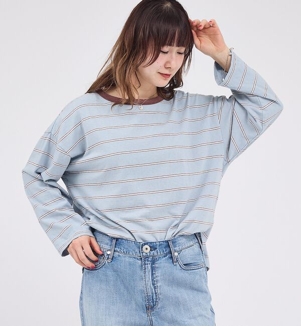 Rouge vif「【Le Melange/ル・メランジュ】マルチボーダーTee/8分袖/クルーネッ」|Tシャツ・カットソー|