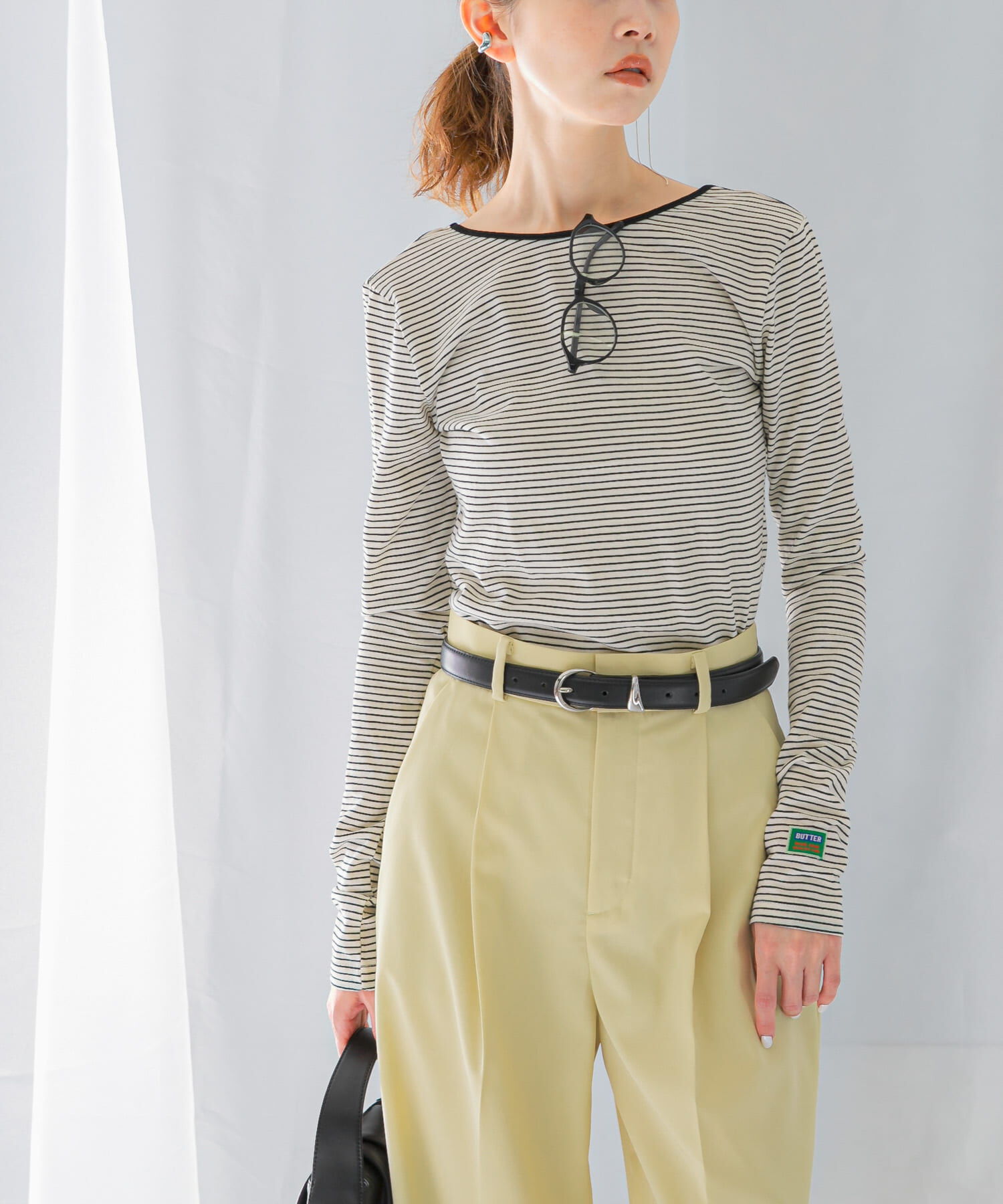 URBAN RESEARCH ROSSO「GREEN BUTTER　Two-way Stripe Patch T-shirts」|Tシャツ・カットソー|ブラック