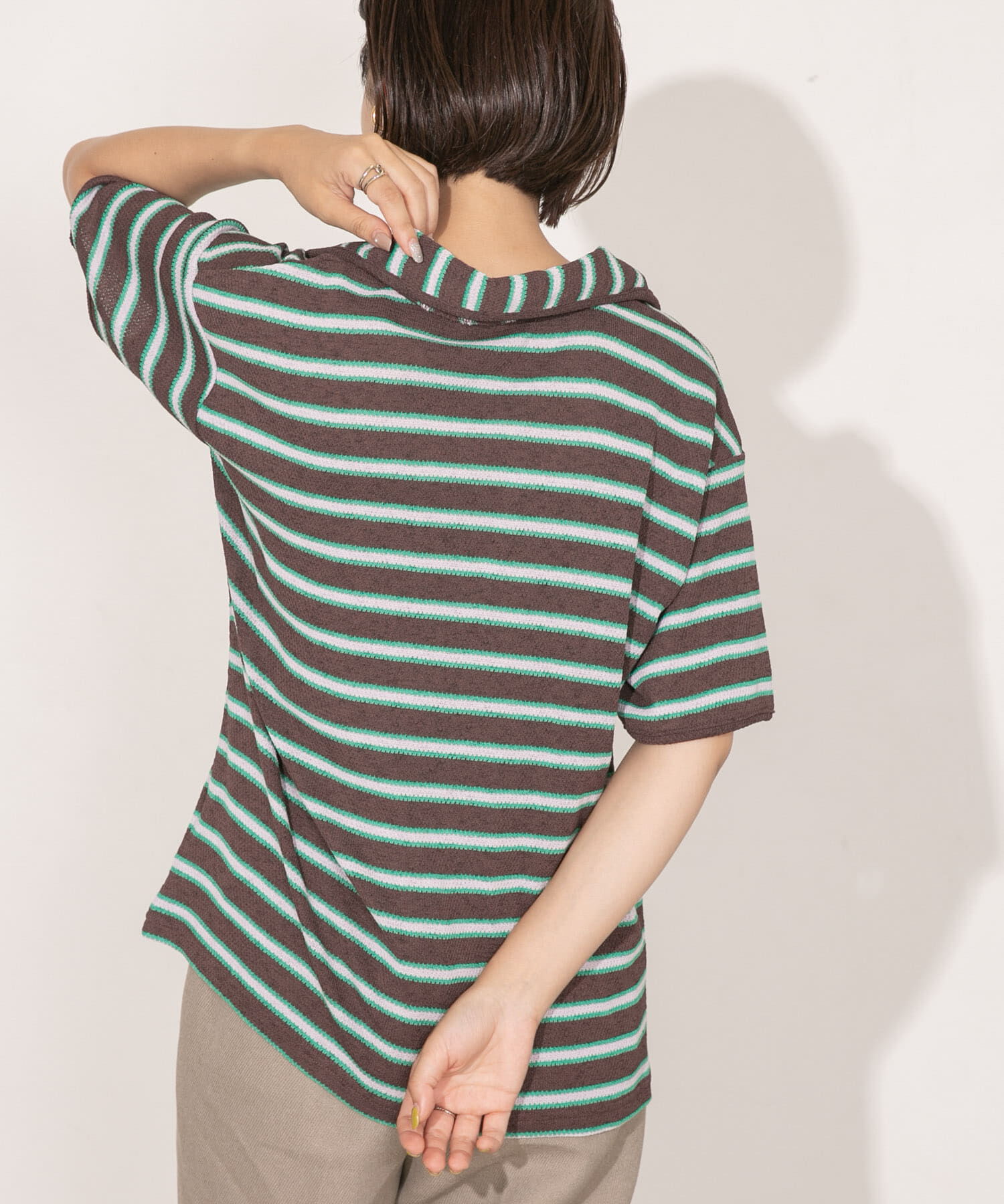  「Vネックボーダープルオーバー」|Tシャツ・カットソー|ブラウン系その他