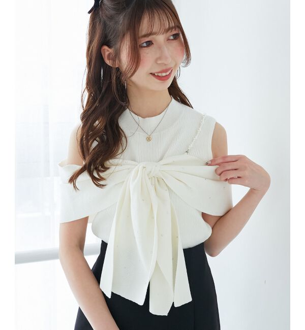  「パールチェーンビジューリボンニット」|ニット・セーター|アイボリー