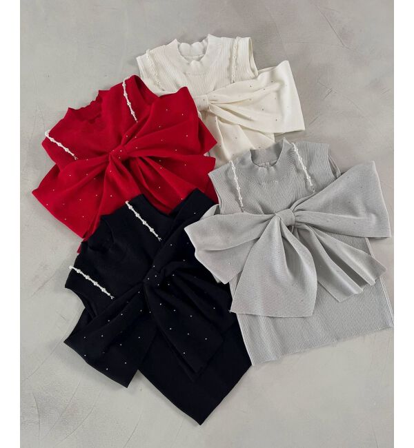  「パールチェーンビジューリボンニット」|ニット・セーター|