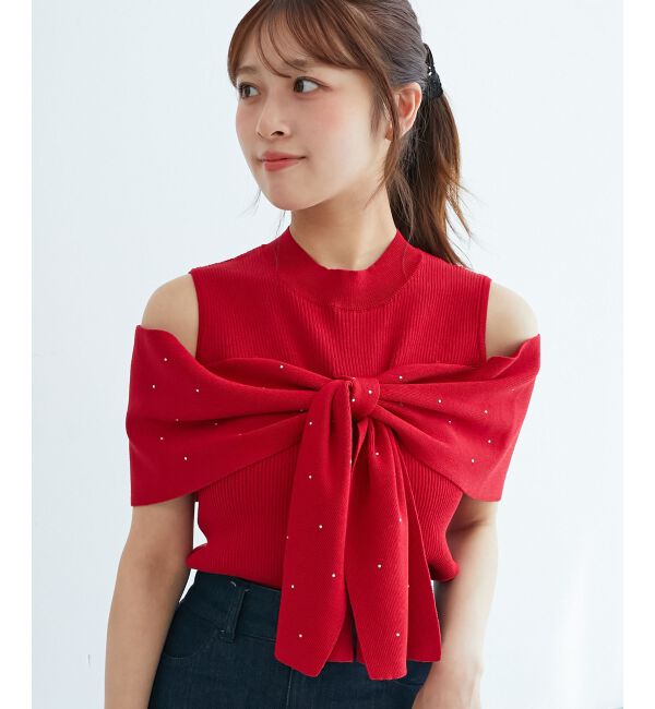  「パールチェーンビジューリボンニット」|ニット・セーター|