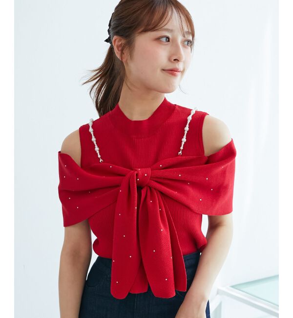  「パールチェーンビジューリボンニット」|ニット・セーター|