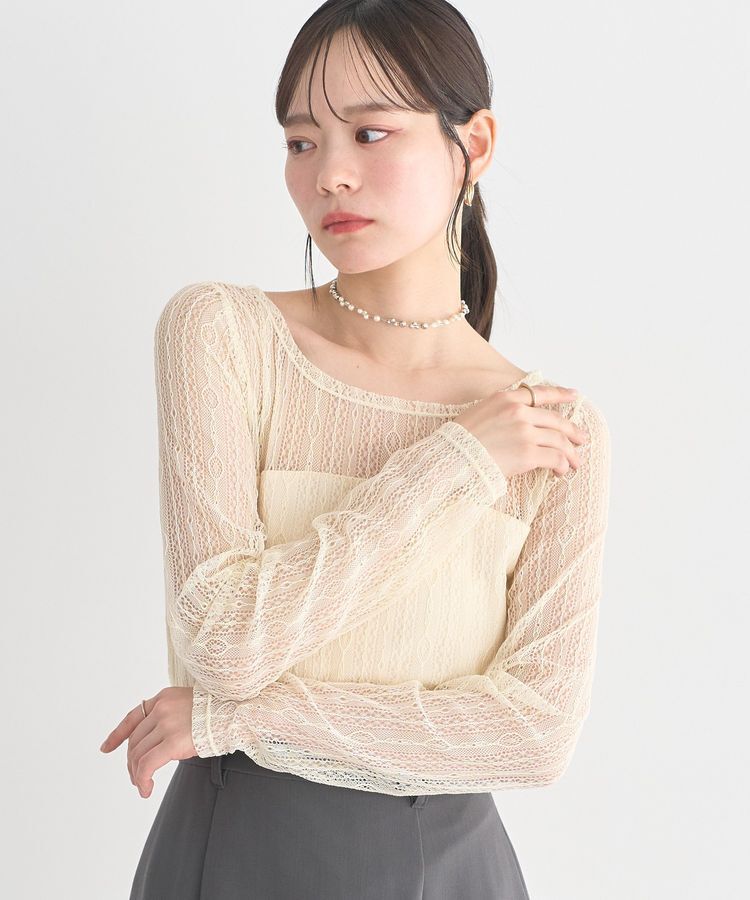 earth music&ecology「レースドッキングボートネックプルオーバー」|Tシャツ・カットソー|Ecru