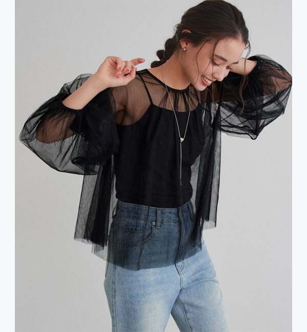 titivate「シアーボリュームスリーブトップス」|Tシャツ・カットソー|ブラック