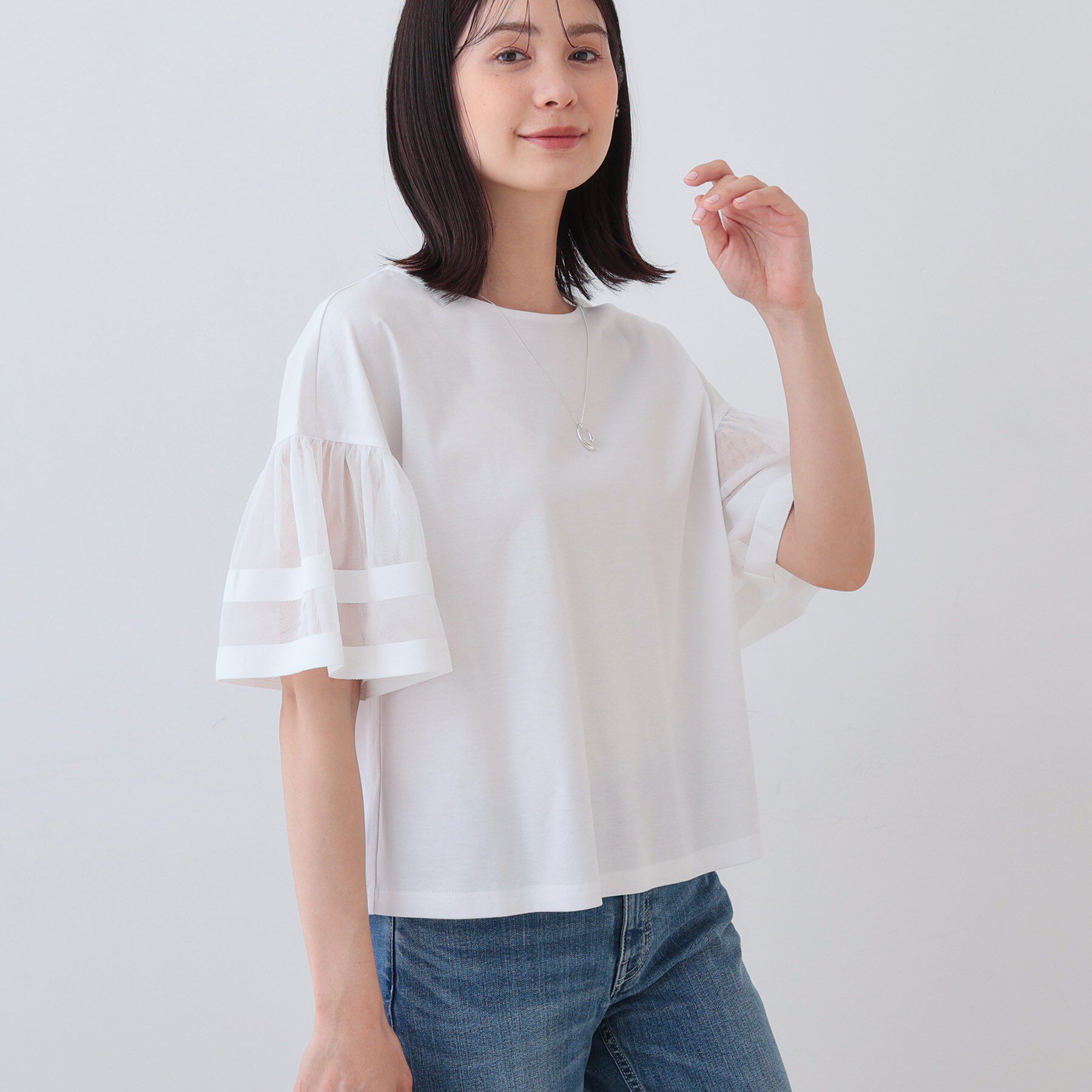 INDIVI「チュールスリーブカットソー」|Tシャツ・カットソー|ホワイト(001)