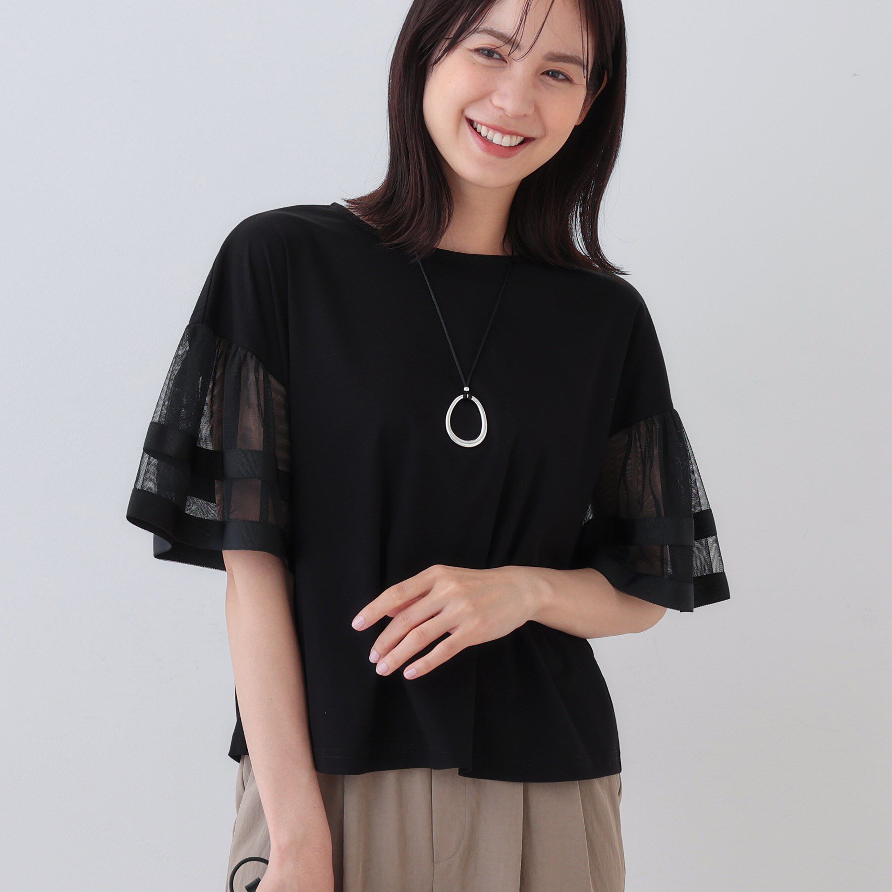 INDIVI「チュールスリーブカットソー」|Tシャツ・カットソー|ブラック(019)