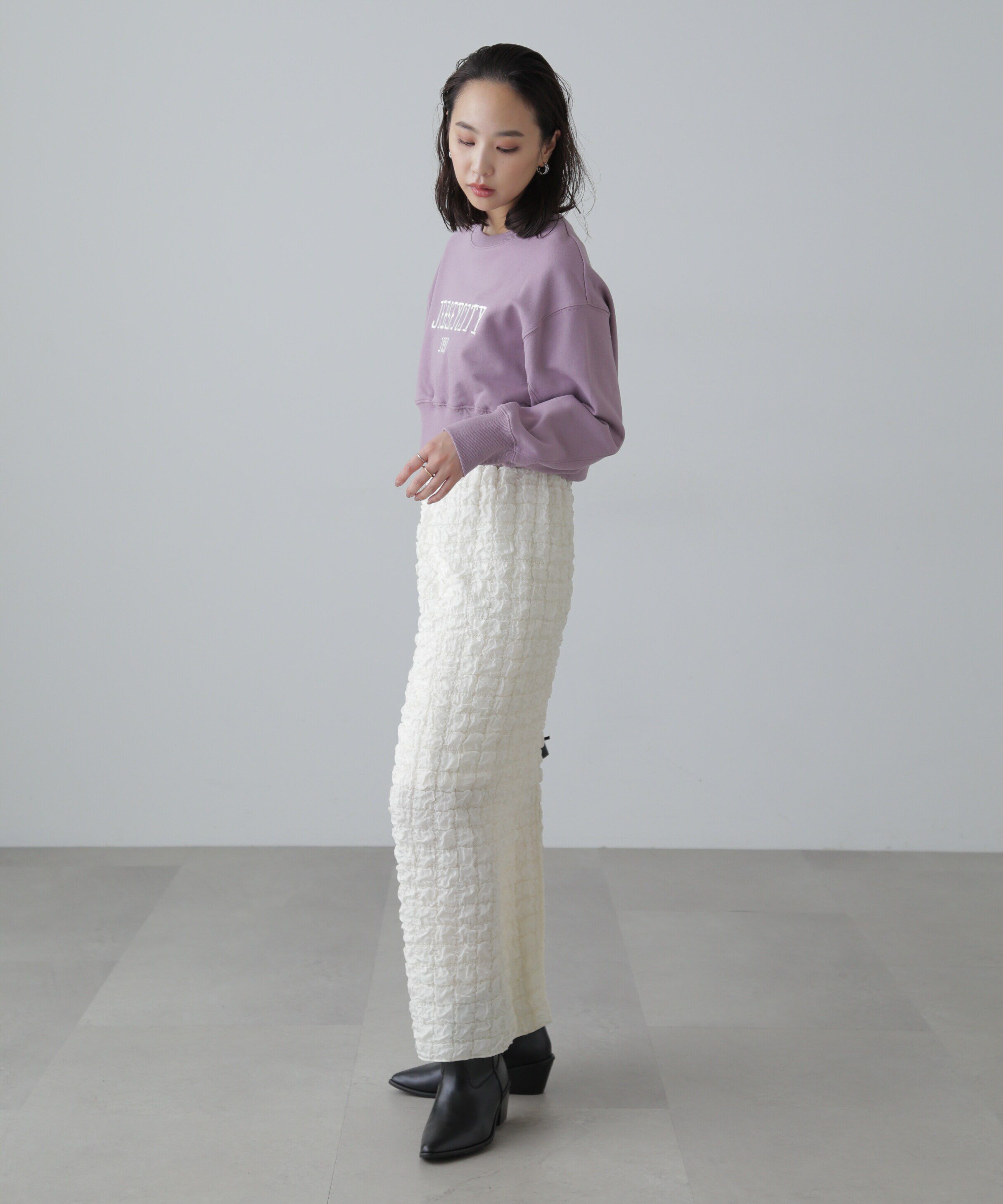  「カレッジロゴショート丈スウェット」|Tシャツ・カットソー|