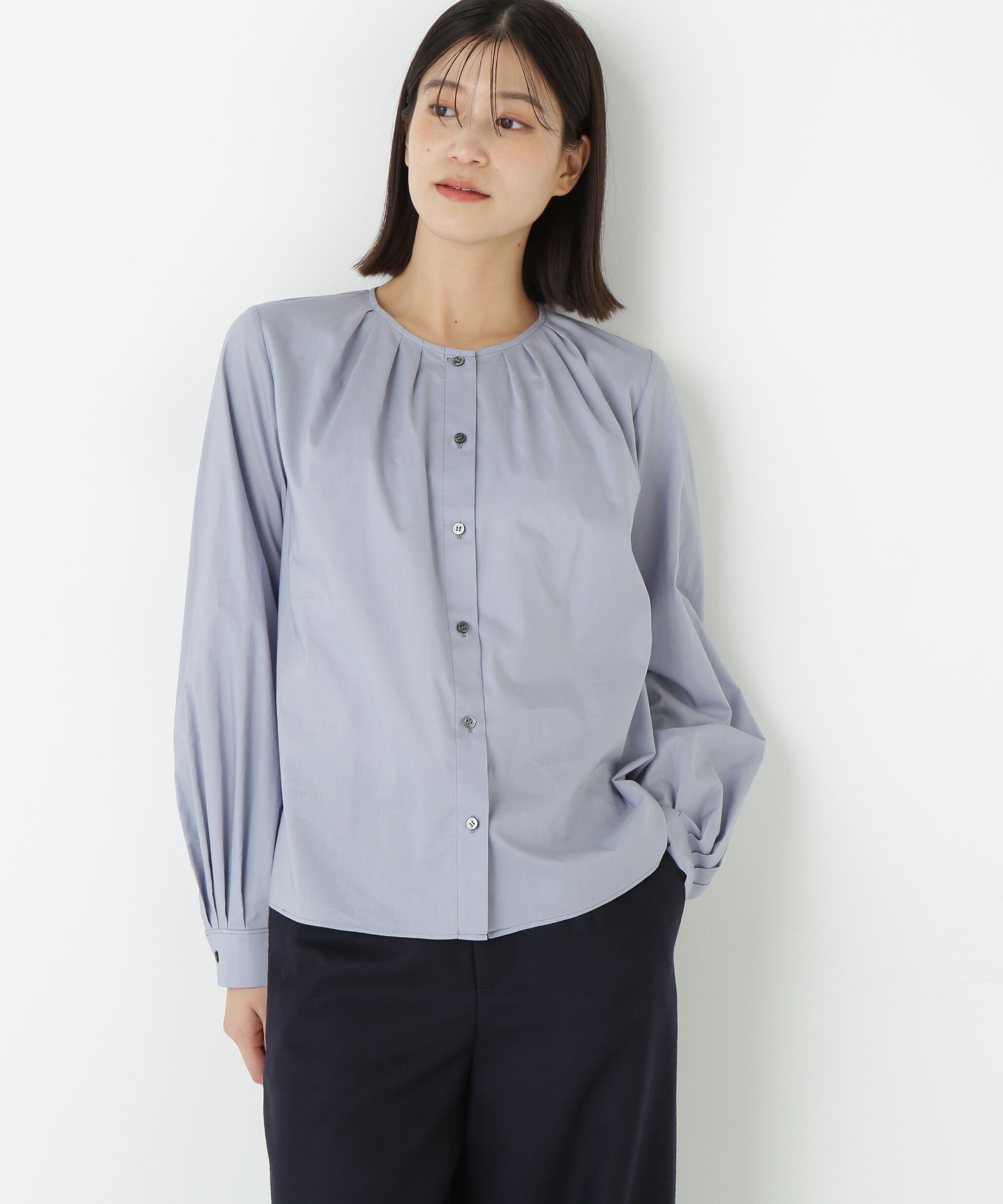  「◆ノーカラータックブラウス」|シャツ・ブラウス|ブルー