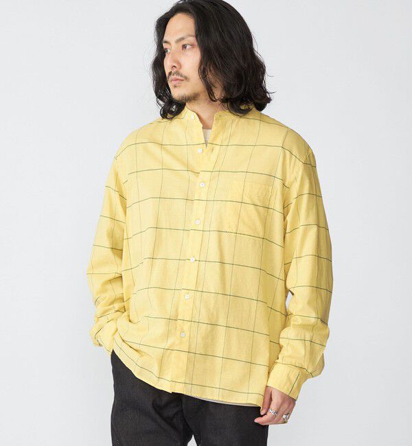 SHIPS「SHIPS: コットン シルク ペールチェック バンドカラー ロングスリーブ シャツ」|シャツ・ブラウス|イエロー