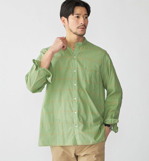 SHIPS「SHIPS: コットン シルク ペールチェック バンドカラー ロングスリーブ シャツ」|シャツ・ブラウス|
