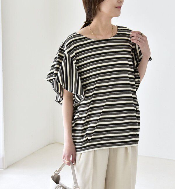 quaranciel「《予約》quaranciel:〈洗濯機可能〉マルチボーダー ラッフル コクーン プルオーバー」|Tシャツ・カットソー|