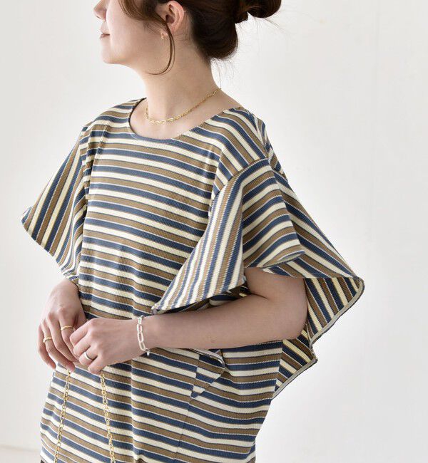 quaranciel「《予約》quaranciel:〈洗濯機可能〉マルチボーダー ラッフル コクーン プルオーバー」|Tシャツ・カットソー|