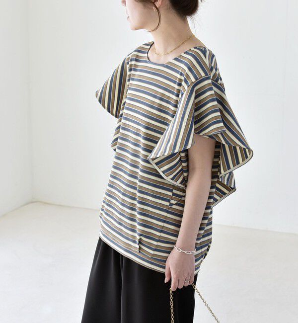 quaranciel「《予約》quaranciel:〈洗濯機可能〉マルチボーダー ラッフル コクーン プルオーバー」|Tシャツ・カットソー|