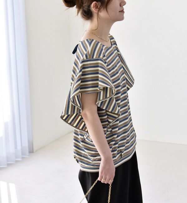 quaranciel「《予約》quaranciel:〈洗濯機可能〉マルチボーダー ラッフル コクーン プルオーバー」|Tシャツ・カットソー|