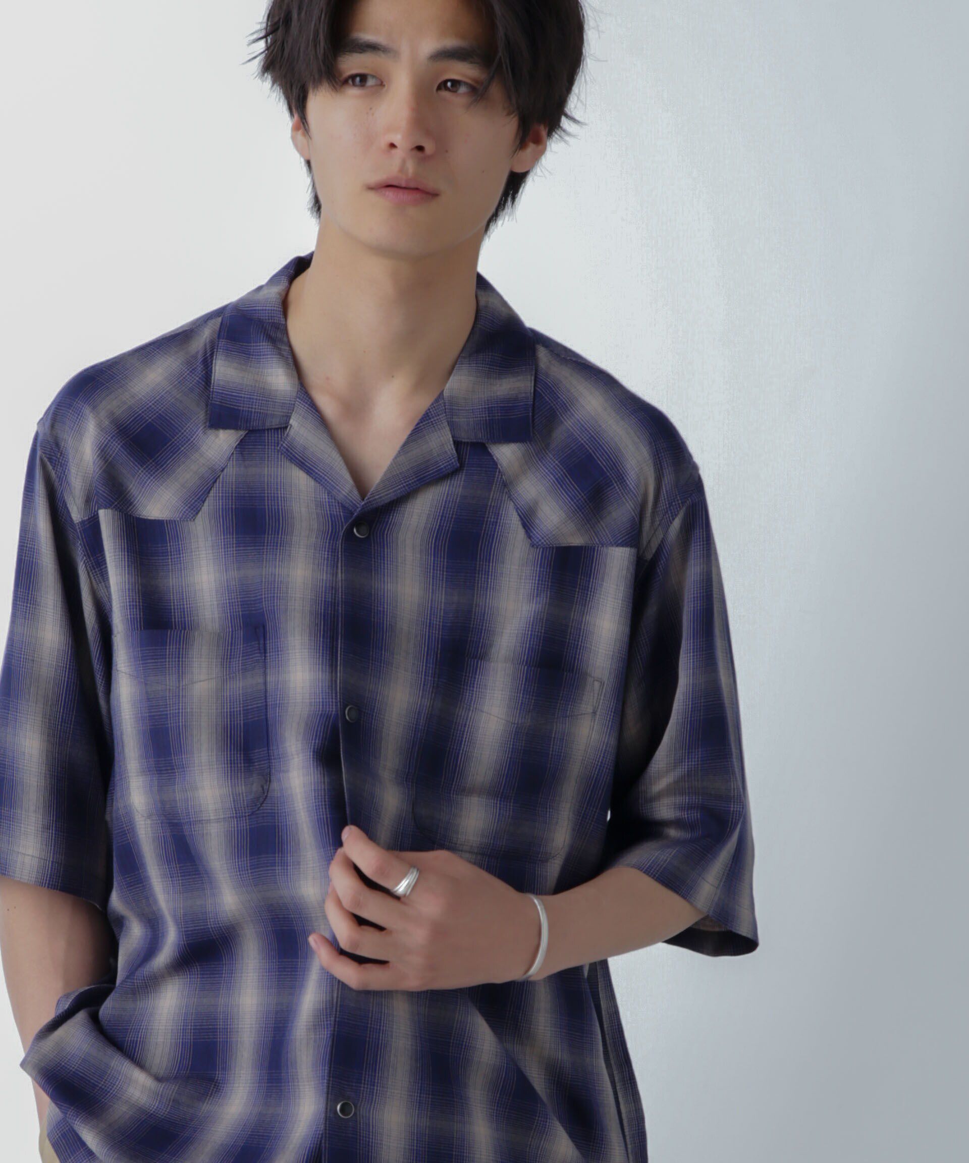 nano･universe「レーヨンオンブレチェックシャツ 半袖」|シャツ・ブラウス|ブルー
