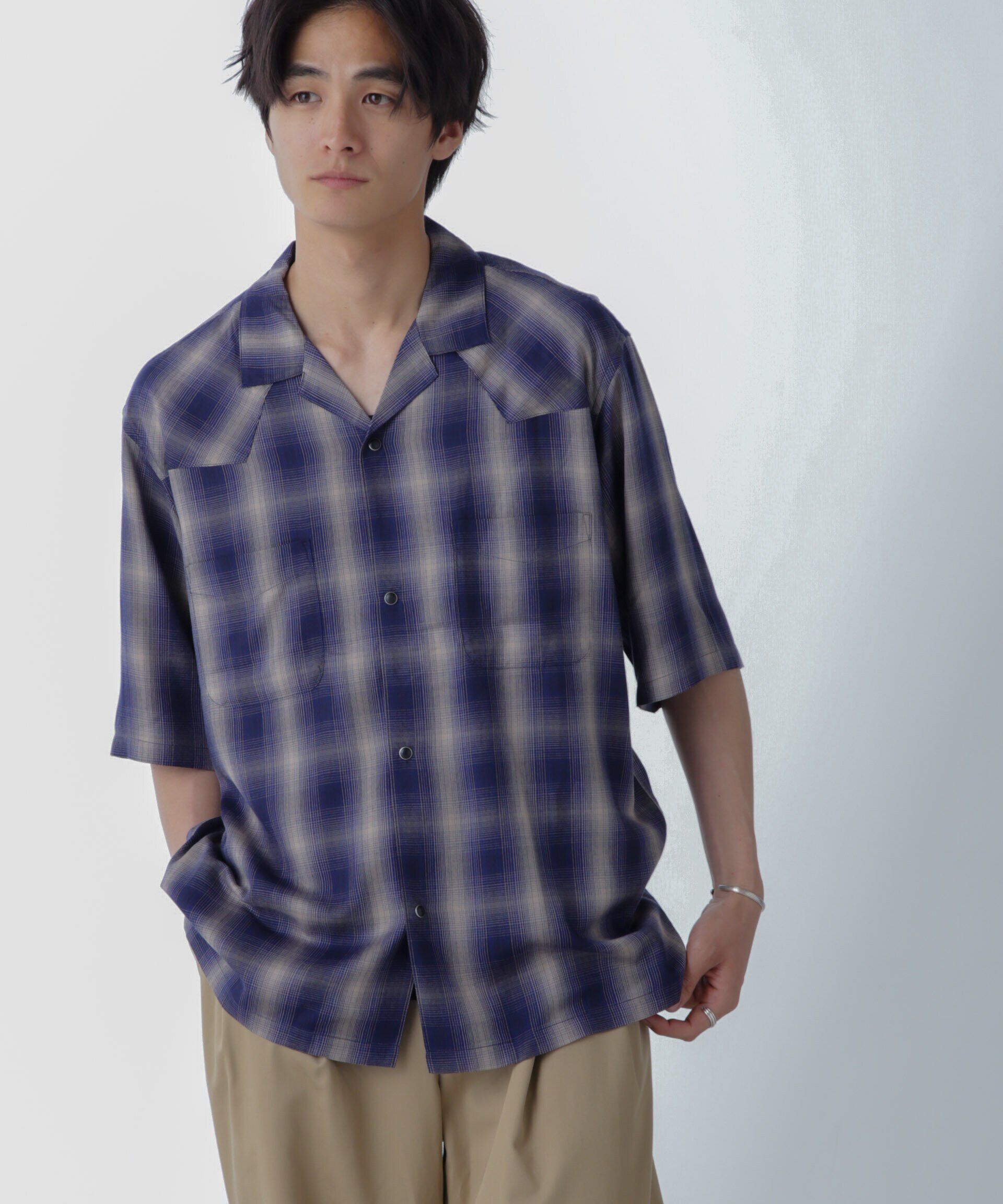 nano･universe「レーヨンオンブレチェックシャツ 半袖」|シャツ・ブラウス|