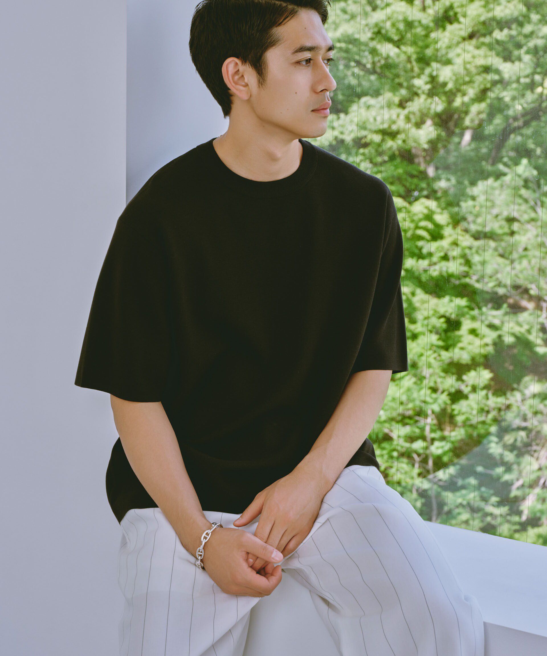 nano･universe「リネンブレンドピンストライプ1タックパンツ(セットアップ可)」|チノ|