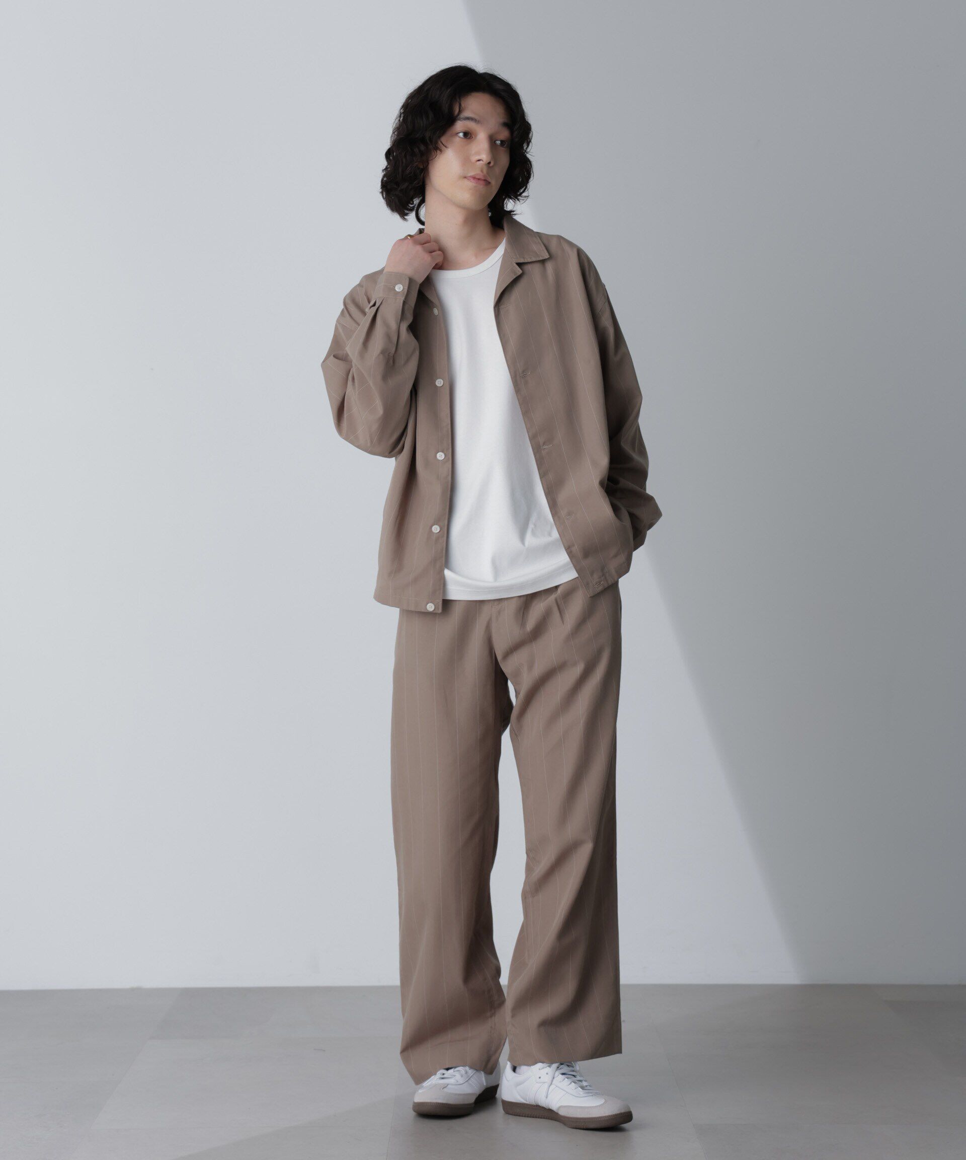 nano･universe「リネンブレンドピンストライプ1タックパンツ(セットアップ可)」|チノ|