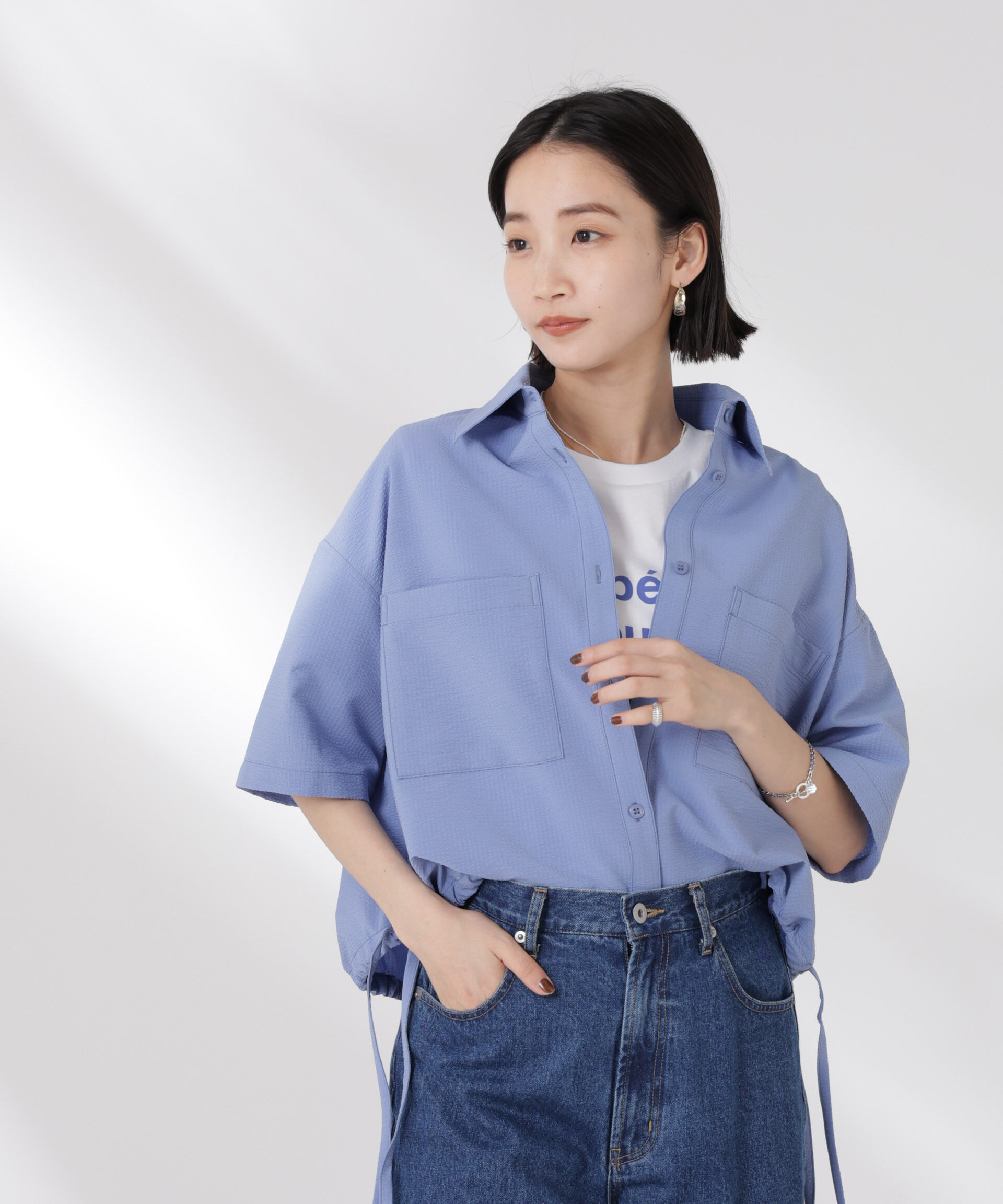 nano･universe「ドロストリボンヘムクロップドサッカーシャツ(セットアップ可)」|シャツ・ブラウス|