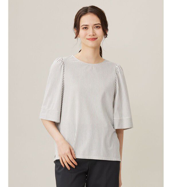 自由区「【洗える】リヨセルコットンストライプ カットソー」|Tシャツ・カットソー|オフ&times;スレート