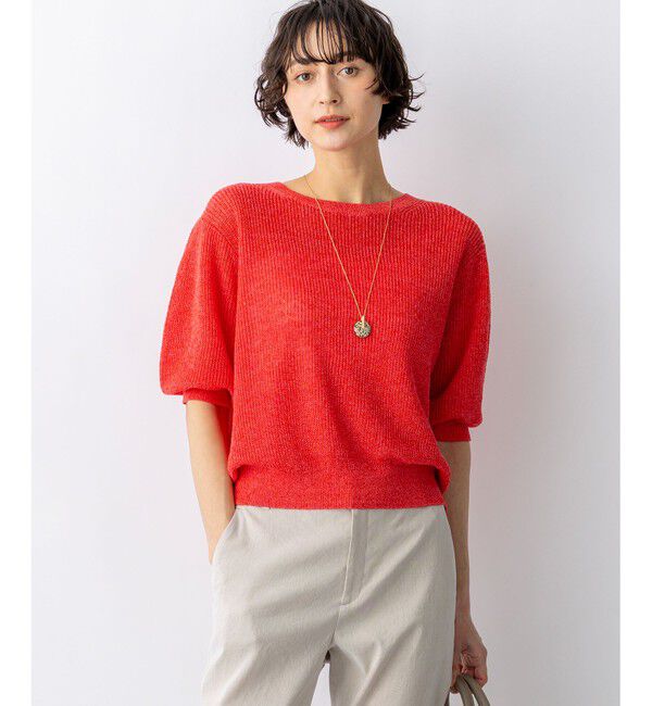23区「ピュアリネン パフスリーブ ニット」|ニット・セーター|レッド系