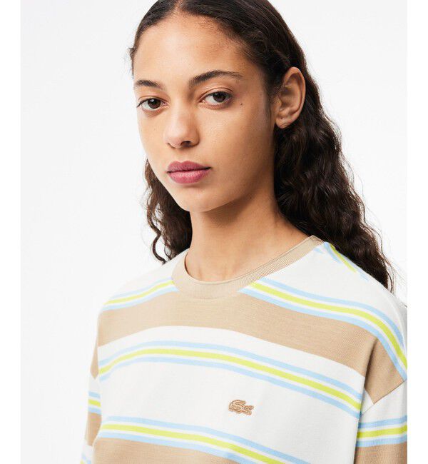 LACOSTE「オーバーサイズ レーヨン クロップド丈 ミックスボーダー半袖Tシャツ」|Tシャツ・カットソー|