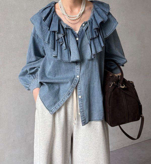  「ライトデニムフリルブラウス」|シャツ・ブラウス|