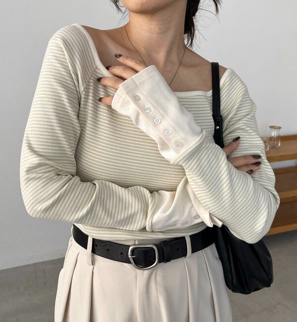  「ボーダー袖ボタンロンT」|Tシャツ・カットソー|