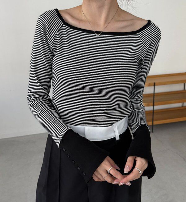  「ボーダー袖ボタンロンT」|Tシャツ・カットソー|