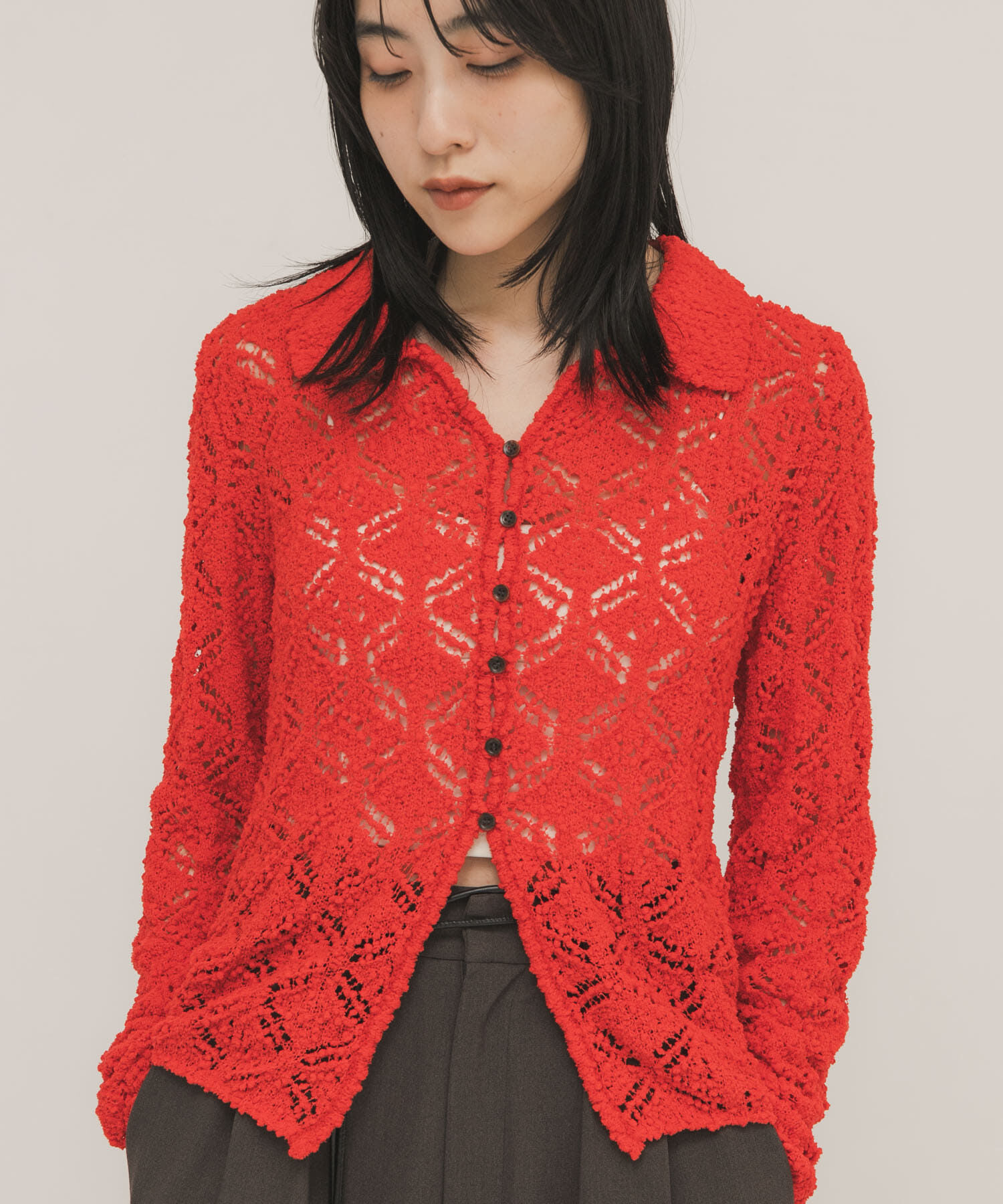  「クロシェレースニットシャツ」|ニット・セーター|レッド