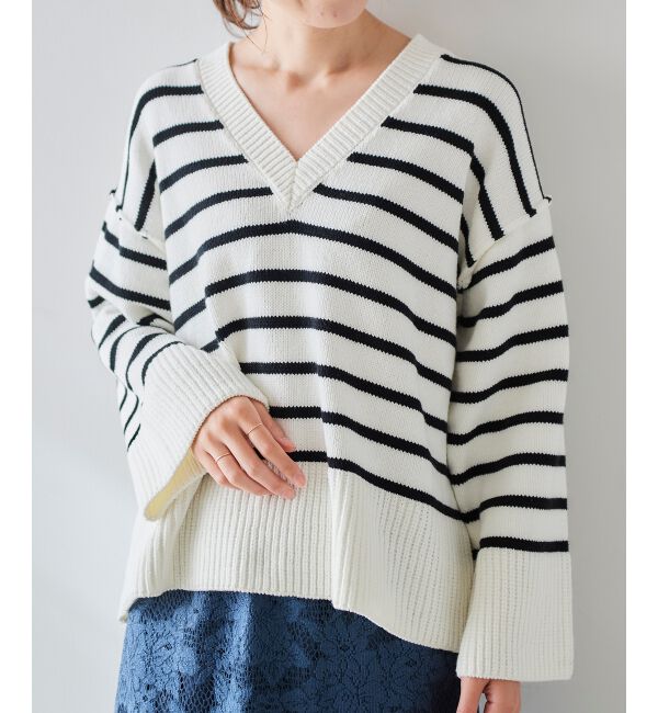 le.coeur blanc「ボーダーワイドシルエットVネックニット」|ニット・セーター|