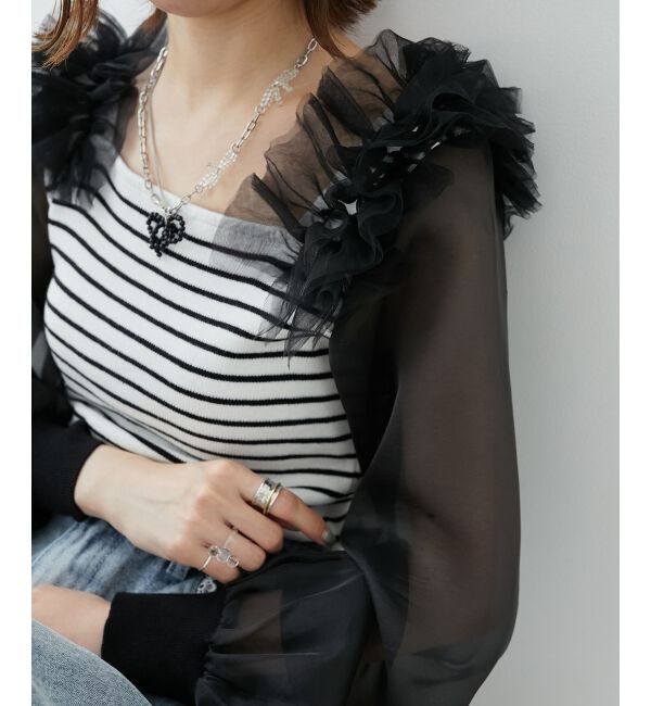 MAJESTICLEGON「肩フリルシアースリーブニット」|ニット・セーター|ブラック柄