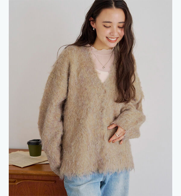 titivate「ブークレシャギーVネックカーディガン」|ニット・セーター|オレンジ